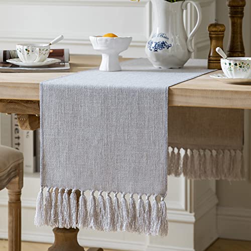 Zeemart Light Grey Table Runners 90 Inches Long, Burlap Linen Style Rustic Farmhouse Table Runner, Long Boho Dining Table Runner, 13X90 Inches, Allover Light Silver Grey #TOP24