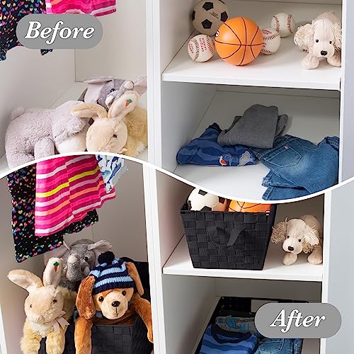 Image of Simplify Small Shelf Woven Strap Tote | Decorative Storage Basket | Built in Handles | Organization | Closet | Bedroom | Bathroom | Nursery | Accessories | Toys | Gifts | 4 Pack | Black