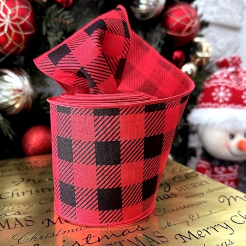 Image of Buffalo Plaid Wired Ribbon Decoration - 4 inch x 10 Yards, Red & Black, Wreath, Farmhouse Decor, Garland, Gifts, Wrapping, Wreaths, Bows, Fall, Christmas, Valentine's Day