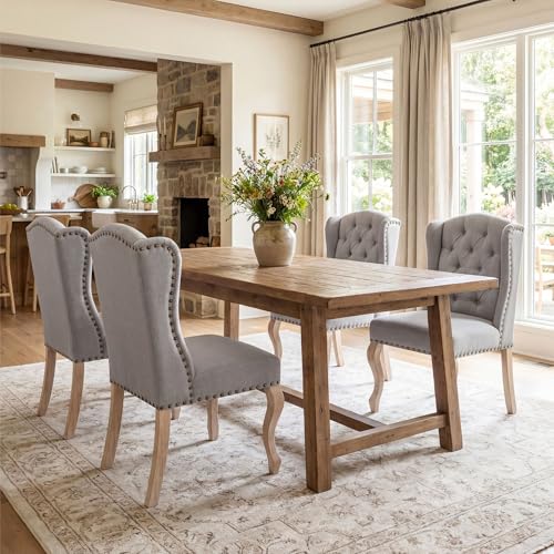 chairus Tufted Parsons Dining Chairs Set of 4, French Country Upholstered Dining Room Chairs with Nailhead Trim & Curved Wood Legs, Farmhouse High Back Side Kitchen Chairs, Grey Linen