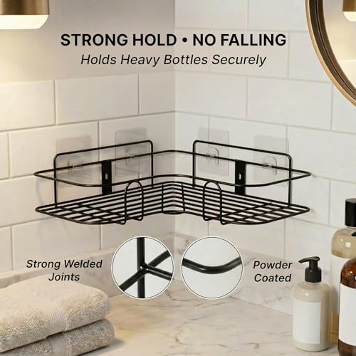 Image of DALUCI Set of 2 Metal Bathroom Corner Shelf Rack | No Drilling Self Adhesive Wall Mounted Storage Organizer for Bathroom & Kitchen | Rustproof Bathroom Shelves (8 & 9 INCH, Black)