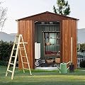 Outdoor Metal Storage Shed 6FT x 6FT, Galvanized Steel Frame Garden Shed, Sliding Lockable Doors, 4 Vent System, Weather-Resistant Metal Storage House with Foundation Kit, Shelf & Hooks, Coffee