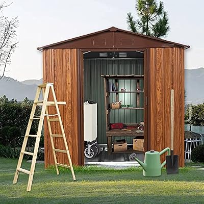 Outdoor Metal Storage Shed 6FT x 6FT, Galvanized Steel Frame Garden Shed, Sliding Lockable Doors, 4 Vent System, Weather-Resistant Metal Storage House with Foundation Kit, Shelf & Hooks, Coffee
