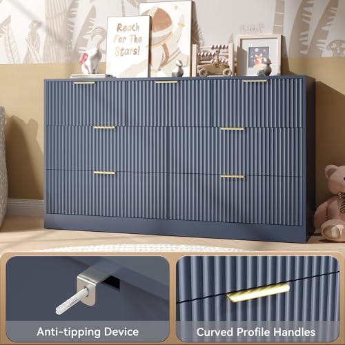 Image of Blue 7 Drawer Dresser for Bedroom, 55'' Wide Fluted Dresser with Gold Handles, Modern Chest of Drawer for Bedroom, Closet, Living Room, Entryway, Hallway, Blue