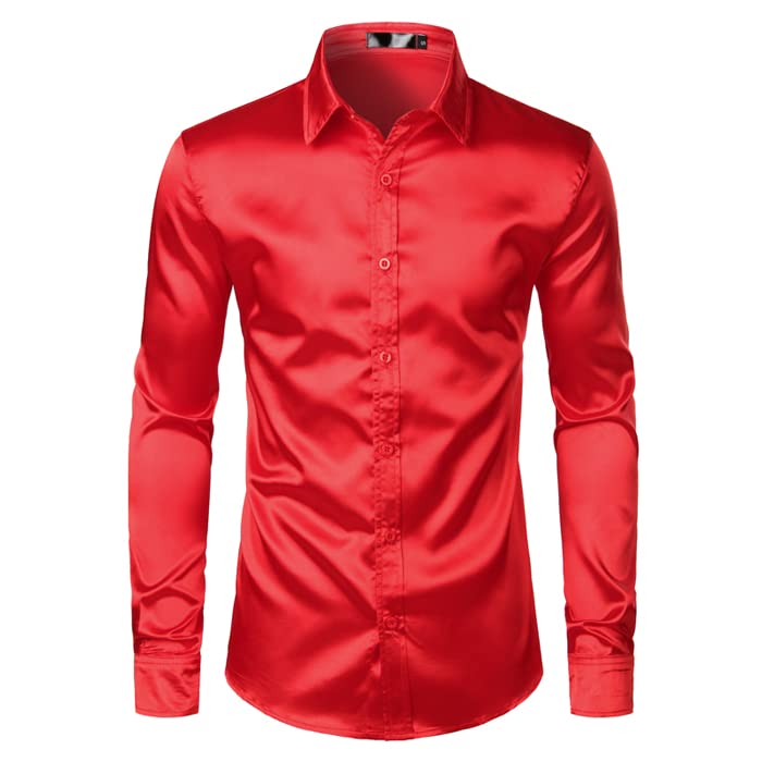 Chemise en satin bleu roi homme Rfmfkkg coupe ajustée LC17 Rouge taille L