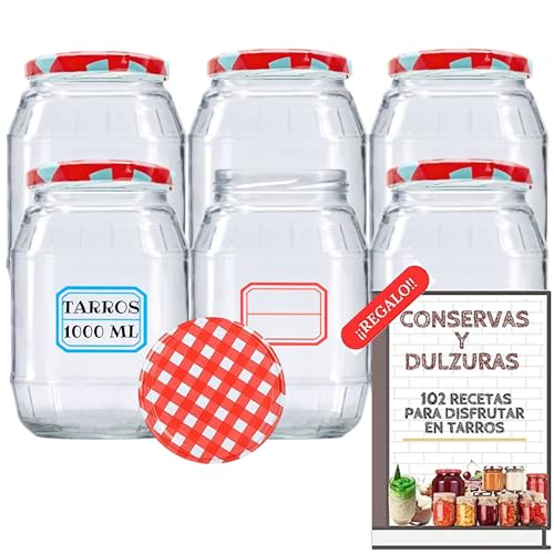 6 Tarros de Cristal de 1000ml con Tapas + Ebook con 102 Recetas para Conservas - Botes de 1 Litro con Tapa de Rosca - Cierre Hermético para Alimentos Caseros - Incluye Etiquetas (Tapas a Cuadros)