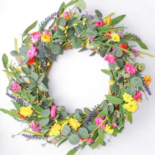Udoula 22'' Spring Wreath for Front Door - Daisy Artificial Flowers Summer Wreath with Natural Vine for Home Decor, Farmhouse Home Indoor Front Door Decoration