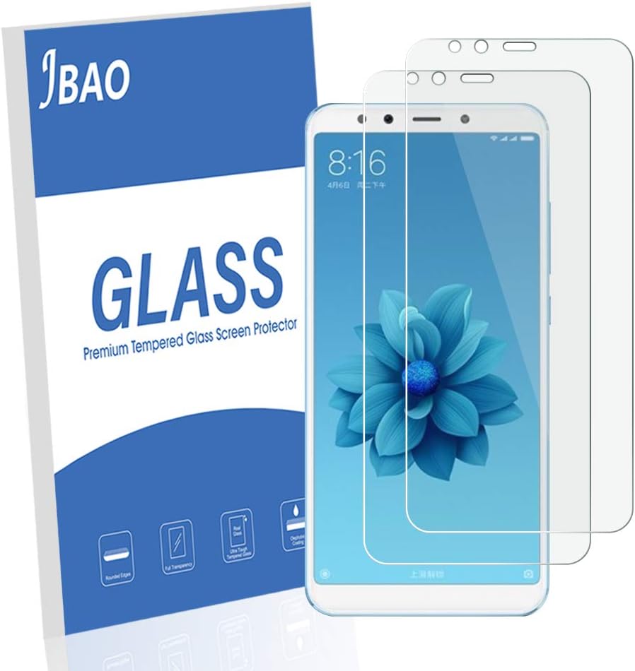 [2-Pack] Jbao Direct Xiaomi Mi A2/Mi 6X Screen Protector, 9H Hardness [HD Clear] [Anti-Fingerprint] [Bubble Free] Premium Tempered Glass Film for Xiaomi Mi A2/Mi 6X, Lifetime Replacement Warranty