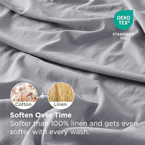 Bedsure Linen Sheets - King Size Sheets, Blend from Linen Cotton Bedsheets, Breathable Cotton Bedsheets, Gifts for All Seasons, 4 Pieces, Light Grey