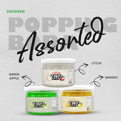 Image of Zawaa Foods Assorted Popping Boba Pearls (Green Apple, Mango, Litchi) | 100g Each (Pack of 3) | Bursting Fruit Boba for Bubble Tea, Milkshakes, Ice Cream & Desserts