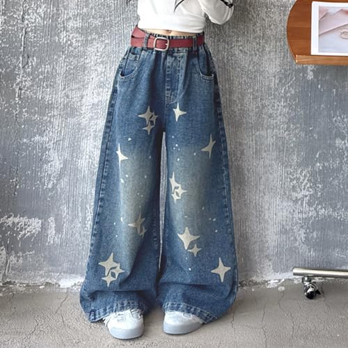 Viatabuna Baggy Jeans for Girls Elastic Waisted Y2k Star Wide Leg Denim Pants Kids Cute Pull On Jeans with Pockets 5-4 Years2