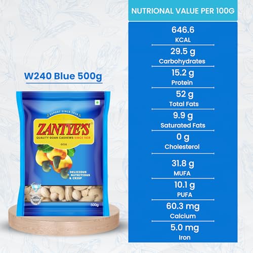 Image of Zantye's W240 Plain Goa Cashew Nuts 500g, Handpicked Whole Kaju, Unbroken, GI Tagged Goan Dry Fruit, Nitrogen Sealed Premium Cashews, Rich in Protein, Vegan, for Snacking and Gifting - Since 1928