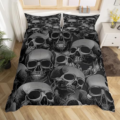 Sugar Skull Duvet Cover Gothic Skeleton Bedding Set for Kids Boys Girls Teens Room Decor Pesonalized Skeleton Bones Comforter Cover Set Halloween Themed Grey Bedspread Cover 3Pcs Zipper Queen Size