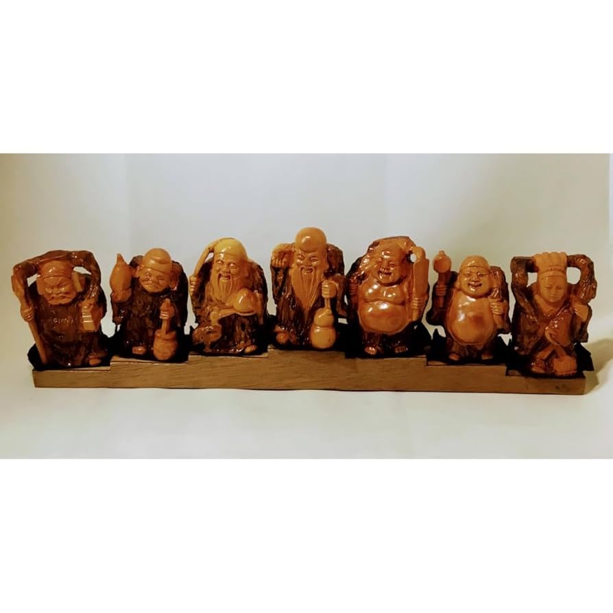 木製　置物　七福神 楽天市場】木彫り 七福神 台付きセット 置物 桧製 高さ21×幅63cm
