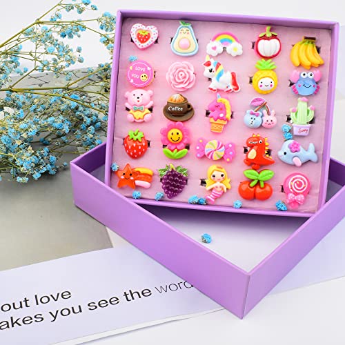 Tinyoque 25Pcs Little Girl Jewel Rings, Adjustable, No Duplication,Kids Play Ring In Box, Girl Pretend Play And Dress Up Rings For 4-12 Year Old Girl Birthday Gifts Toys #TOP2