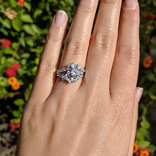 TwoBirch Floral Design Off Center Ring Guard and Engagement Ring Bridal Set (2 Rings) Diamond Simulant White Gold2