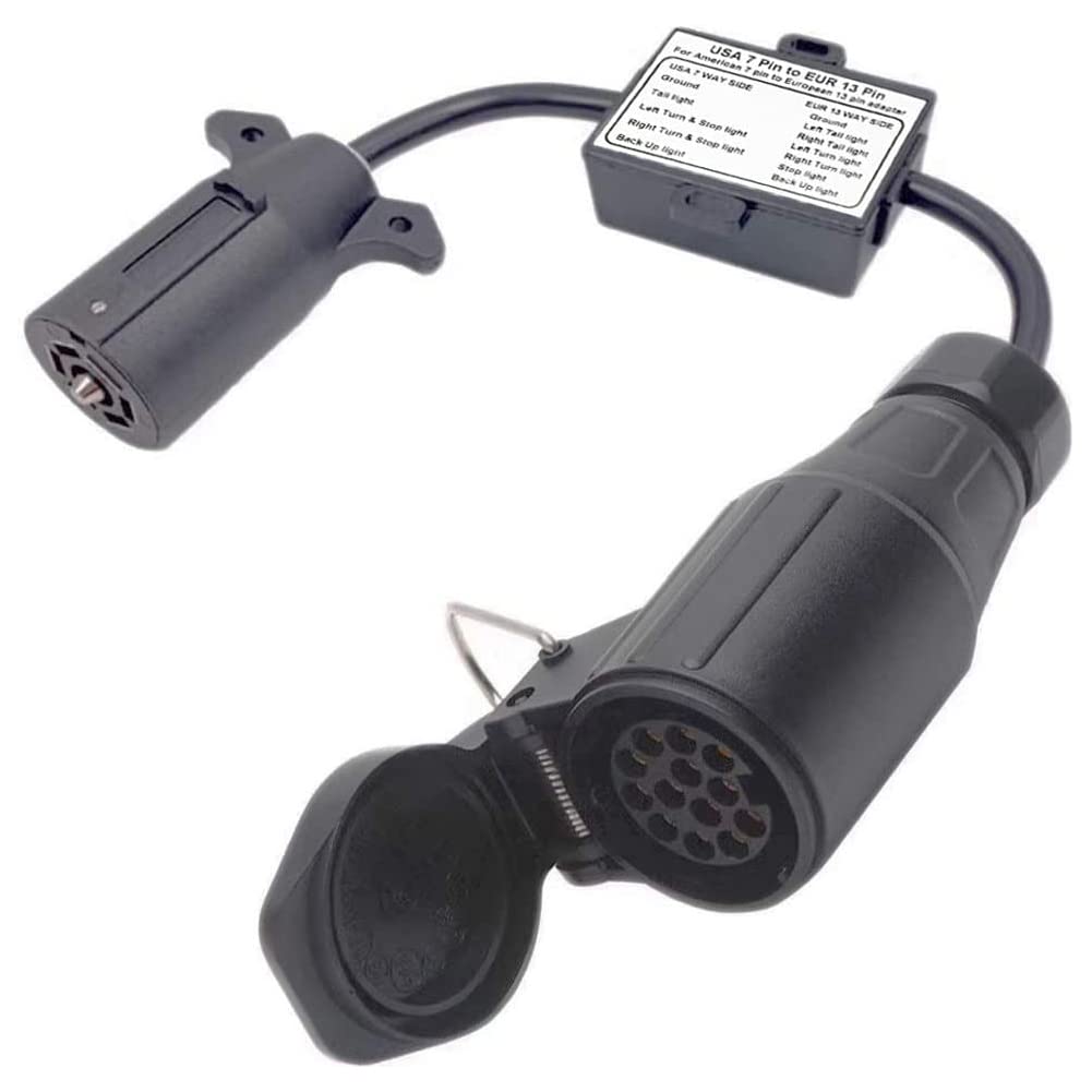 US to EU Trailer Light Converter 7-Way Blade Socket (US Vehicle) to 13-Pin Round Adapter (European Trailer) - Plug and Play Design