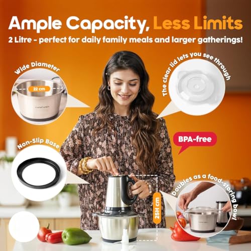 Image of Dealsure Chopper Electric for Kitchen | Delite Vegetable & Meat Stainless Steel Body, 2L Bowl & 1000W Motor | Chopper for Kitchen Use | Mixer Grinder & Garlic Peeler