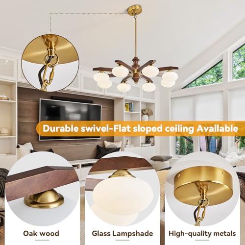 Image of 8-Light Chandelier, Mid Century Gold Chandelier with Milk Glass Shades, Wood Dining Room Light Fixture