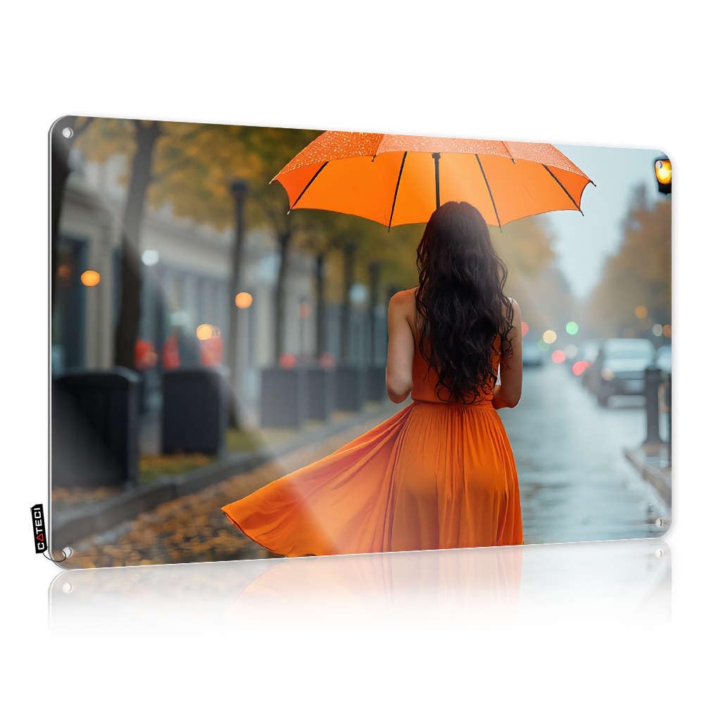 Sujd Colour A Woman In An Orange Dress Holding An Umbrella Walks Down A Rainy Street. Decoration Print | Americana Affirmation Decorative Wall Art(30X40cm)