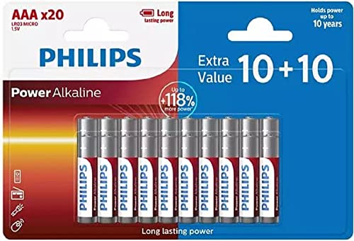PHILIPS Piles AAA 20 Pièces - Pack Avantageux LR03/1,5V - Piles Alcalines - Pile avec Une Durée de Stockage de 10 Ans - jusqu'à 118% d'Énergie Supplémentaire (L'emballage peut varier)