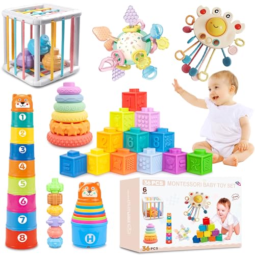 Image of 6 in1 Baby Toys 6-12 Months，Infant Toys 6-12 Months，Incl 12pc Soft Stacking Blocks &Silicone Pull String & Manhattan Ball& 2 Stacking Toys & Sensory Toys for Babies. Baby Development Toys