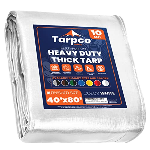 Image of Heavy Duty 10 Mil Tarp Cover, Waterproof, UV Resistant, Rip and Tear Proof, Poly Tarpaulin with Reinforced Edges for Camping, Roof, Patio, Pool, Boat. (White 40′ X 80′)