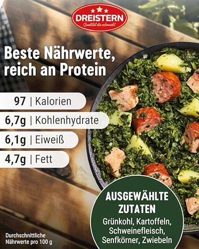 DREISTERN Grünkohl 400g I Mit Gemüse & Kartoffeln I Herzhaftes Fertiggericht in Mikrowellenschale I Lange Haltbarkeit dank natürlicher Konservierung I Hausmacher Qualität