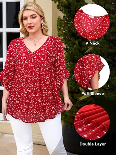 Siddhe Womens Plus Size Tops 3/4 Ruffle Sleeve Blouses V Neck Chiffon Shirts Babydoll Dressy Casual Tunic Top XL-5XL4