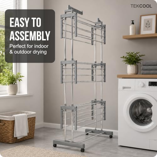 Image of TEKCOOL Foldable Cloth Drying Stand Stainless Steel - 3 Tier Heavy-Duty Clothes Dryer for Balcony, Indoor & Outdoor Use | with Wheels & Hanger Slots | Rust-Proof Laundry Rack (Grey, 3 TIRE)?.