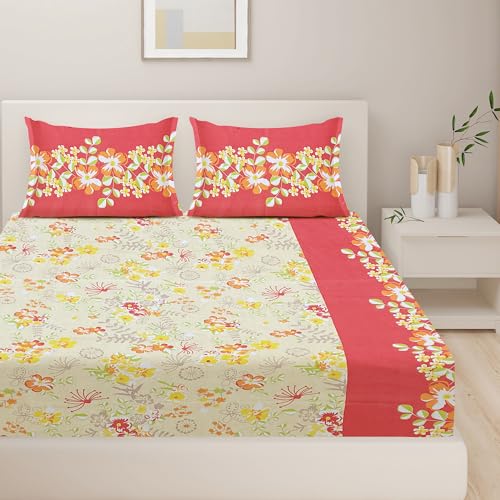 Image of Swayam 100% Cotton Double Bedsheet with 2 Pillow Covers | Size 90 x 100 inch | 120 TC | Floral Design | Soft Breathable Bed Sheet | Comfortable & Durable for Bedroom - Yellow