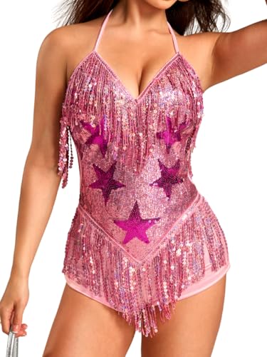 Kaei&Shi Sequin Rave Bodysuit Deep V Fringe Sexy Disco Outfit Woman Sparkly Glitter Concert Dance Romper Pink Star Small