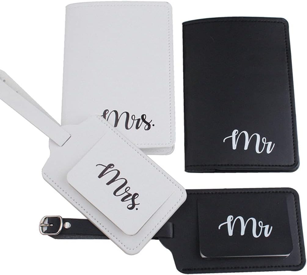 4Pcs PU Leather Mr Mrs Luggage Tags Covers for Couples Travel Honeymoon