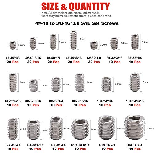 Hilitchi 240Pcs 19Sizes SAE Stainless Allen Head Socket Set Screws Grub Screw Bolts Assortment Kit Internal Hex Drive Cup-Point Screws with 7 Hex Wrenches