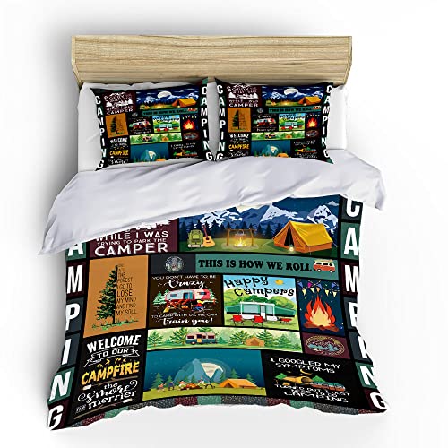 SHOMPE Camping Comforter Sets for Boys Kids Teens Twin Size, Happy Camper Quilt Bedding Set Camping Lovers Gifts Bedroom Decorative for Outdoor Sports Fans