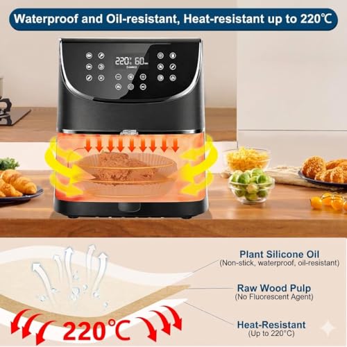 Image of Air Fryer Paper Sheets, 100 Pcs Disposable 8-Inch Parchment Liners with Non-Stick Oil-Proof Design for Baking, Frying, Roasting, Microwave Cooking, and Easy Basket Cleanup