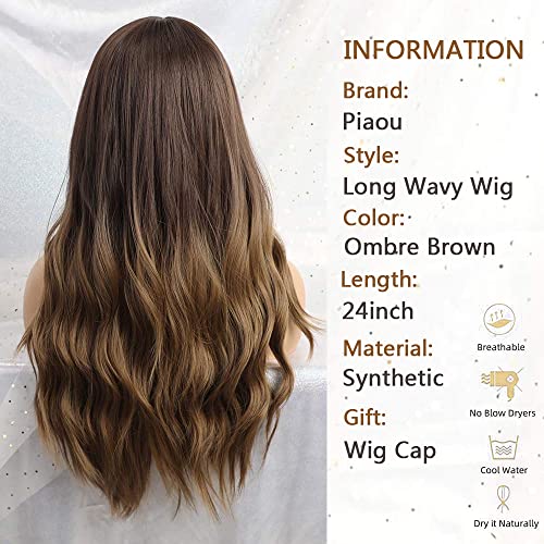 Piaou 24 Inches Ombre Brown Wig Synthetic Long Wigs For Women Natural Wave Hair Wigs Middle Part Heat Resistant Natural Looking Wigs #TOP4