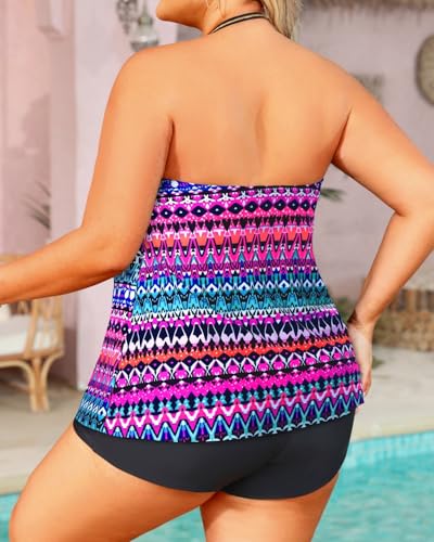Image of Plus Size Bandeau Tankini 2 Piece Halter Swimsuit with Shorts | Flyaway,Quick Dry,Strapless,Removable Cups,High Waisted Short
