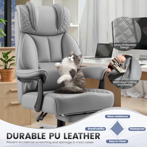 Image of BestGlory Office Desk Chair, Big and Tall Leather Gaming Chair with Footrest, Ergonomic Comfy Executive High-Back Reclining Computer Chairs, Wide Swivel Rolling Wheels and Padded Lumbar Support, Gray