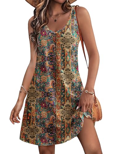 Hotouch Robe Été Femme sans Manches Col en V Légère Fluide Robe Débardeur Mi-Longue Longueur au Genou Robe de Plage Décontractée avec Poches Motif...