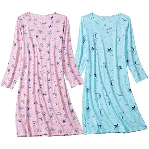 FEREMO 2 Pack Nightgowns for Women Soft Cotton Print Sleepshirts Womens Long Sleeve Sleep Tee Sleepwear Cover