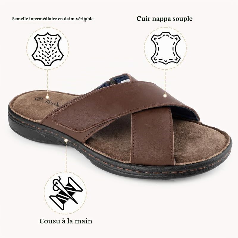 TIESTRA Hommes Cuir Sandales en Magic Collant Peep Toe Pantoufles été Doux Loisirs Antidérapant Semelle en Caoutchouc Plage Extérieur