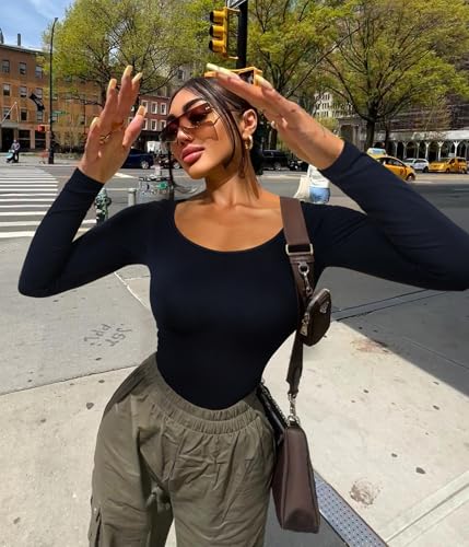 Nebility Long Sleeve Bodysuit for Women Tummy Control Crew Neck Body Suits Tops Slim Fit4