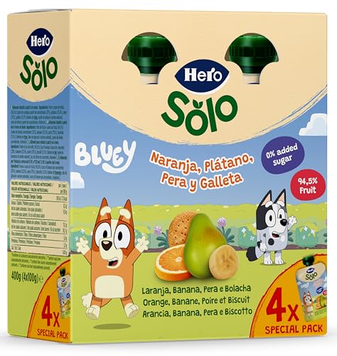Hero Bolsita de Naranja, Plátano, Pera y Galleta, a partir de 12 meses, Pack de 4 x 100 g