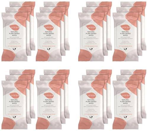 Image of Veeda Plant-Based Feminine Wipes - pH-Balanced, Hypoallergenic & Biodegradable Wipes for Sensitive Skin, Fragrance-Free Travel Sized Wipes - 120 Count (Pack of 4)