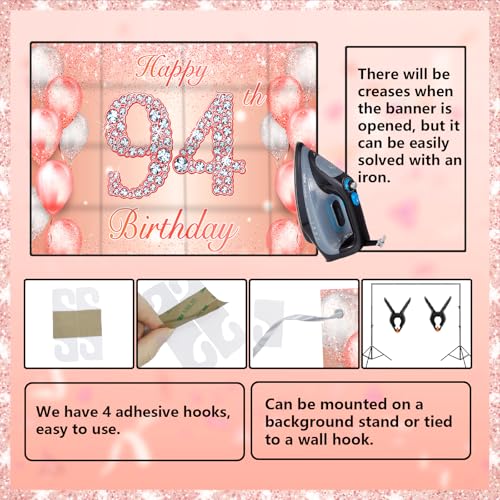 Image of Happy 94th Birthday Rose Gold Banner Cheers to 94 Years Old Backdrop Confetti Balloons Theme Decor for Women 94 Years Old Pink Birthday Party Decorations Bday Supplies Background Favors Gift Glitter