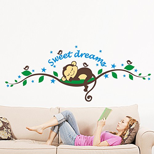 Wallpark Cute Monkey Sleeping on Green Vines Stars Removable Wall Sticker Decal, Children Kids Baby Home Room Nursery DIY Decorative Adhesive Art Wall Mural