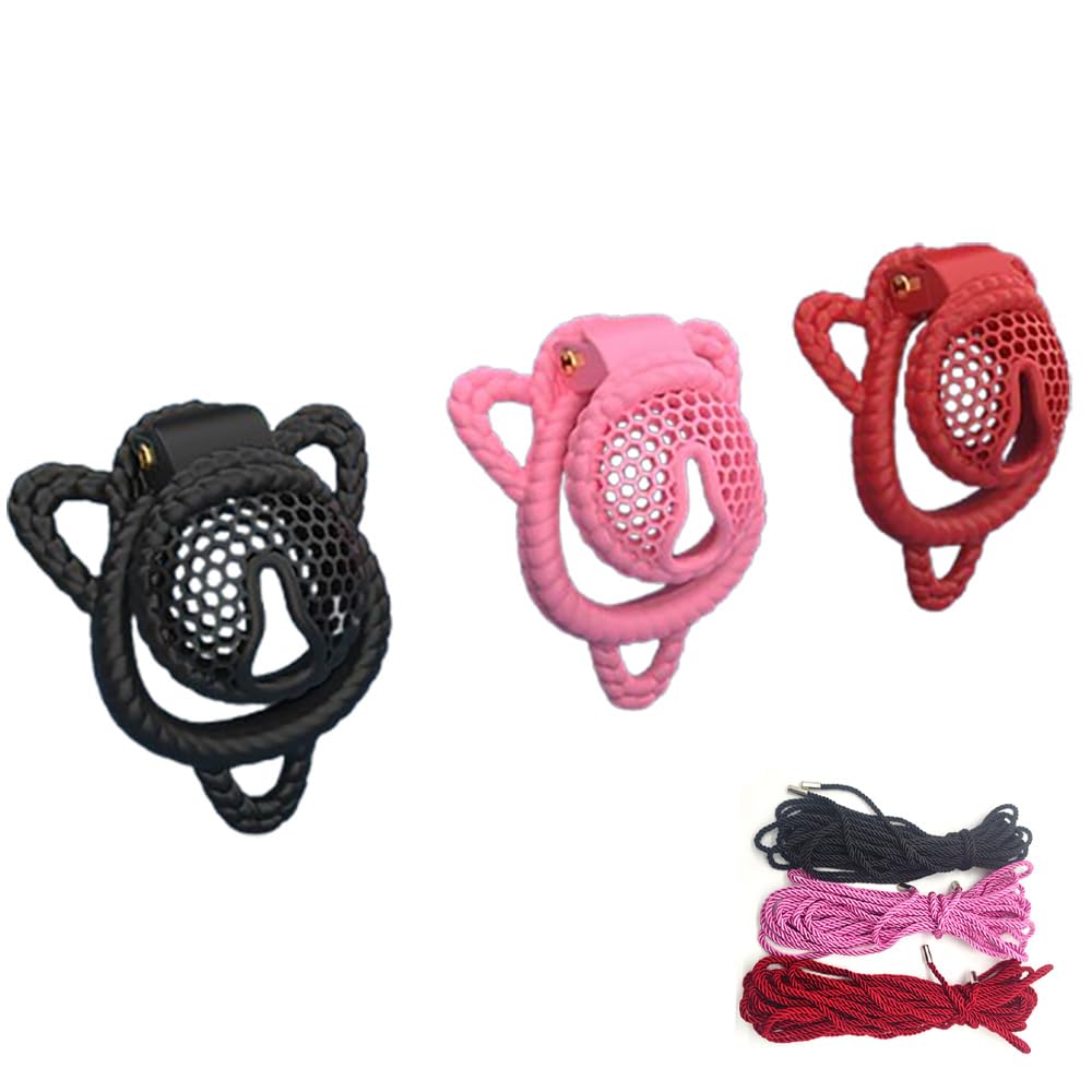 klein Chastity Cage Sex Spielzeug für Männer, Atmungsaktiver Waben Peniskäfig Set mit 3 Penisringe und 10-Meter-Seil, SM Fetisch Sklaven Bondage Keuschheitsgürtel, Paare Extrem Sex Toys （Rosa）