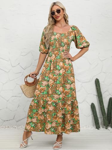 Image of Lyrur Summer Boho Smocked Maxi Dresses for Women Casual Puff Sleeve Square Neck A Line Tiered Ruffle Ankle Length Dress