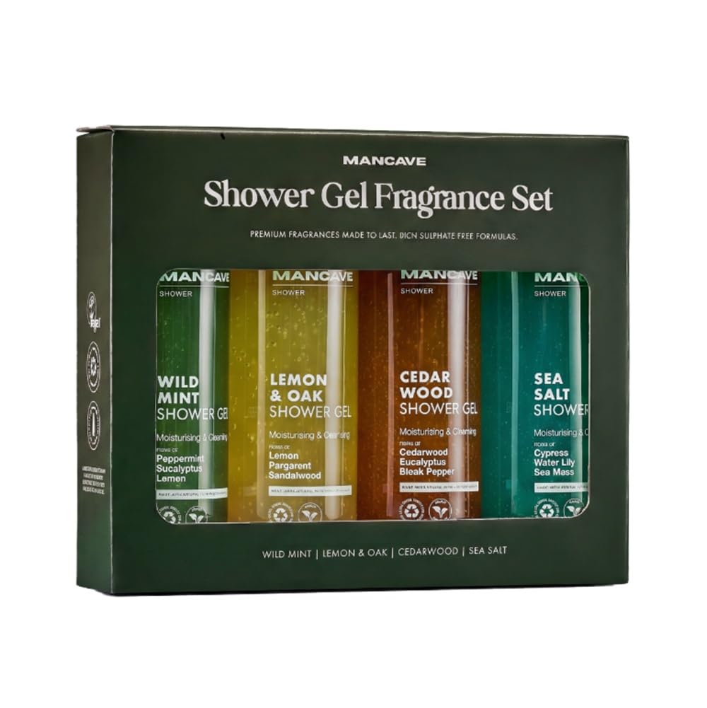 Men's Ultra-Premium Shower Gel Fragrance Gift Set, 4 x 500ml Natural Sulphate Free Shower Gels: Wild Mint, Lemon & Oak, Cedarwood and Sea Salt fragrances, Vegan Friendly, Packaging May Vary